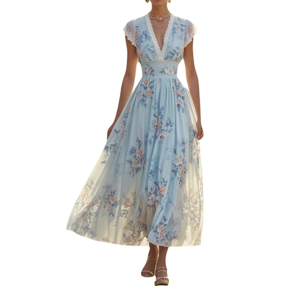 NWT FEHAUTE Light Blue Floral Chiffon Lace Trim A-Line Maxi Dress V-Neck US 4